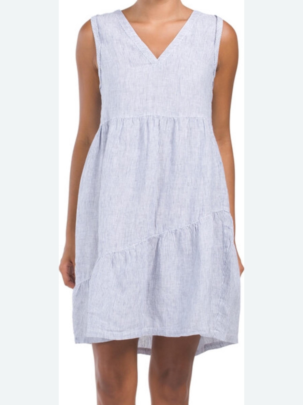 Lucky Brand Linen Light Blue Striped V-Neck Mini Dress